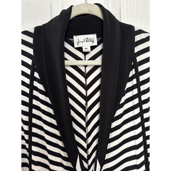 Joseph Ribkoff Black‎ White Striped Asymmetric Lagenlook Open front Cardigan M-L - Picture 7 of 16